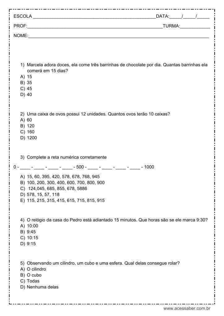 Avaliação de matemática para o 3° ano